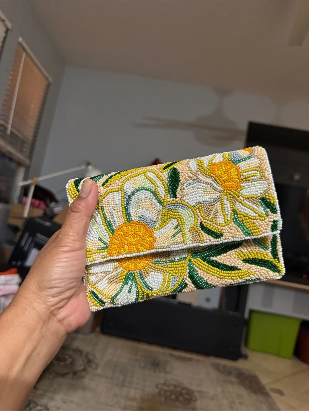Hand-Beaded Floral Clutch in Yellow and Green